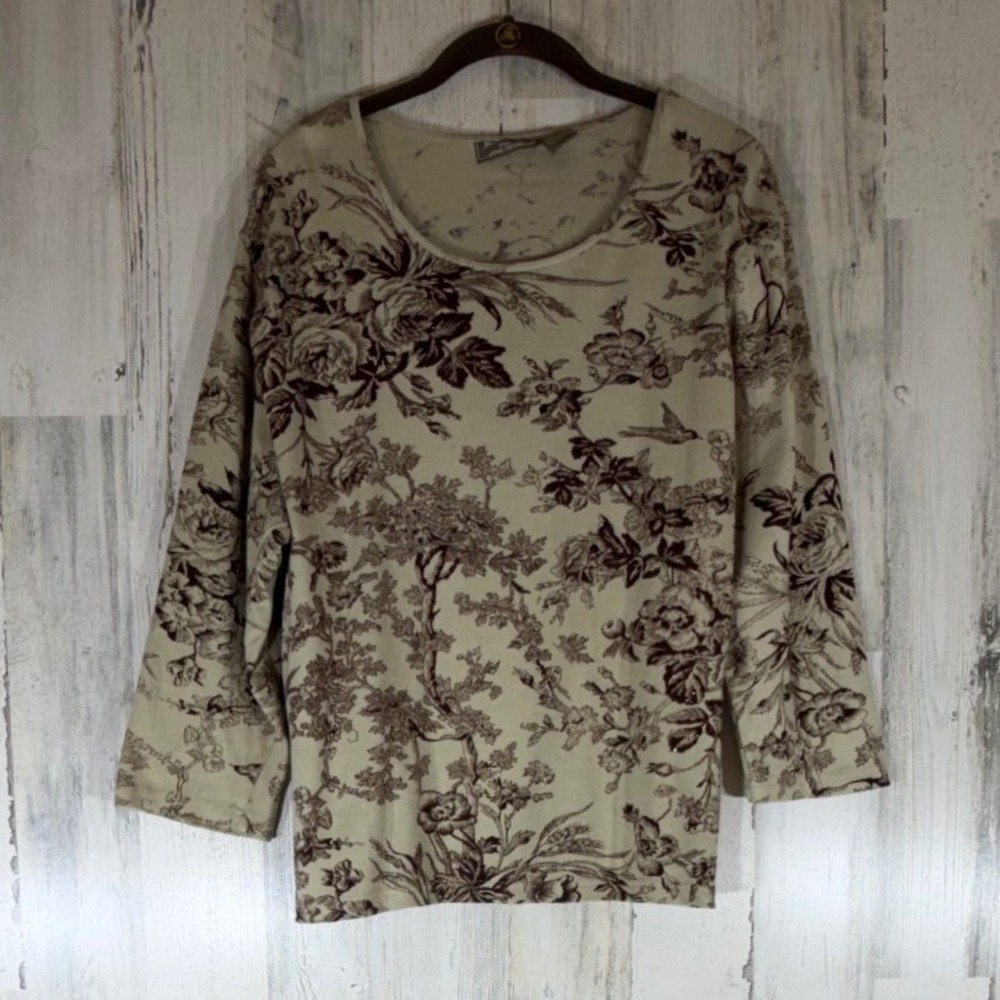 Jane Ashley Toile Print Top Beige Brown Floral Sequins 3/4 Sleeve Cotton READ